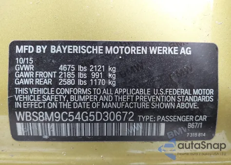 2016 BMW M3 z USA, uszkodzony, nr VIN WBS8M9C54G5D30672